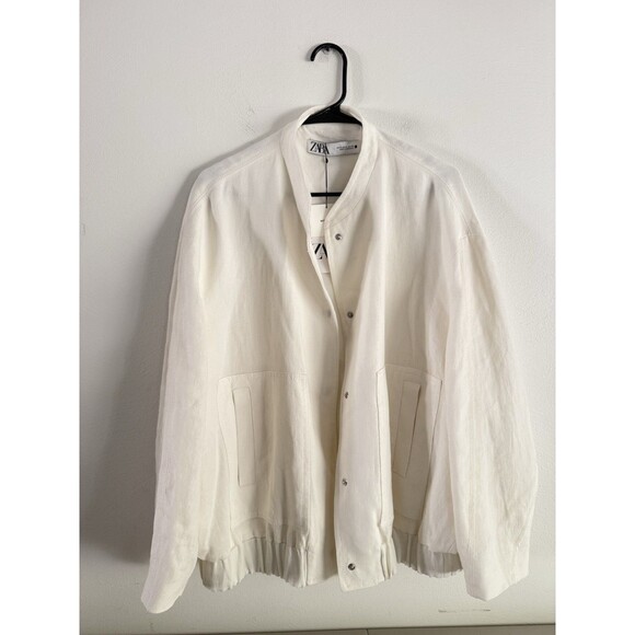 Zara Oversized Linen Blend Bomber Jacket Women Size M Ivory Pockets New - Picture 3 of 14
